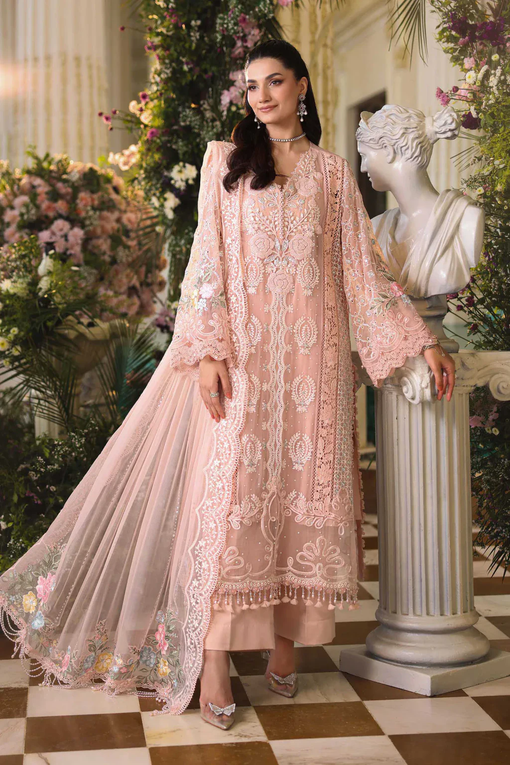 MPC-26-104 soft pink embroidered chiffon formal, full front view